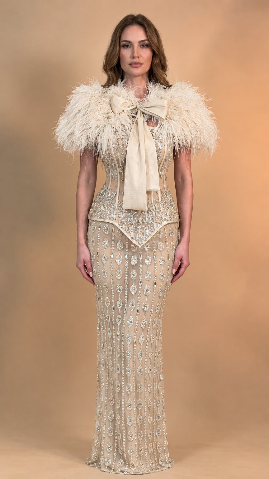 Front view of model wearing Champagne ivory feather trim sequin corset maxi dress
