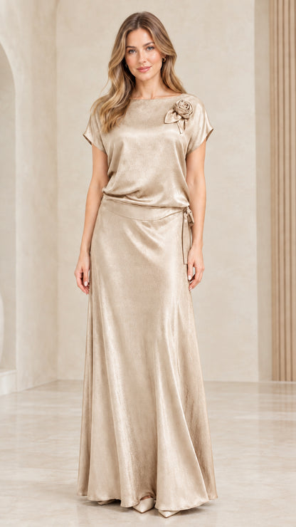Full-length view of woman wearing Champagne beige satin evening maxi gown