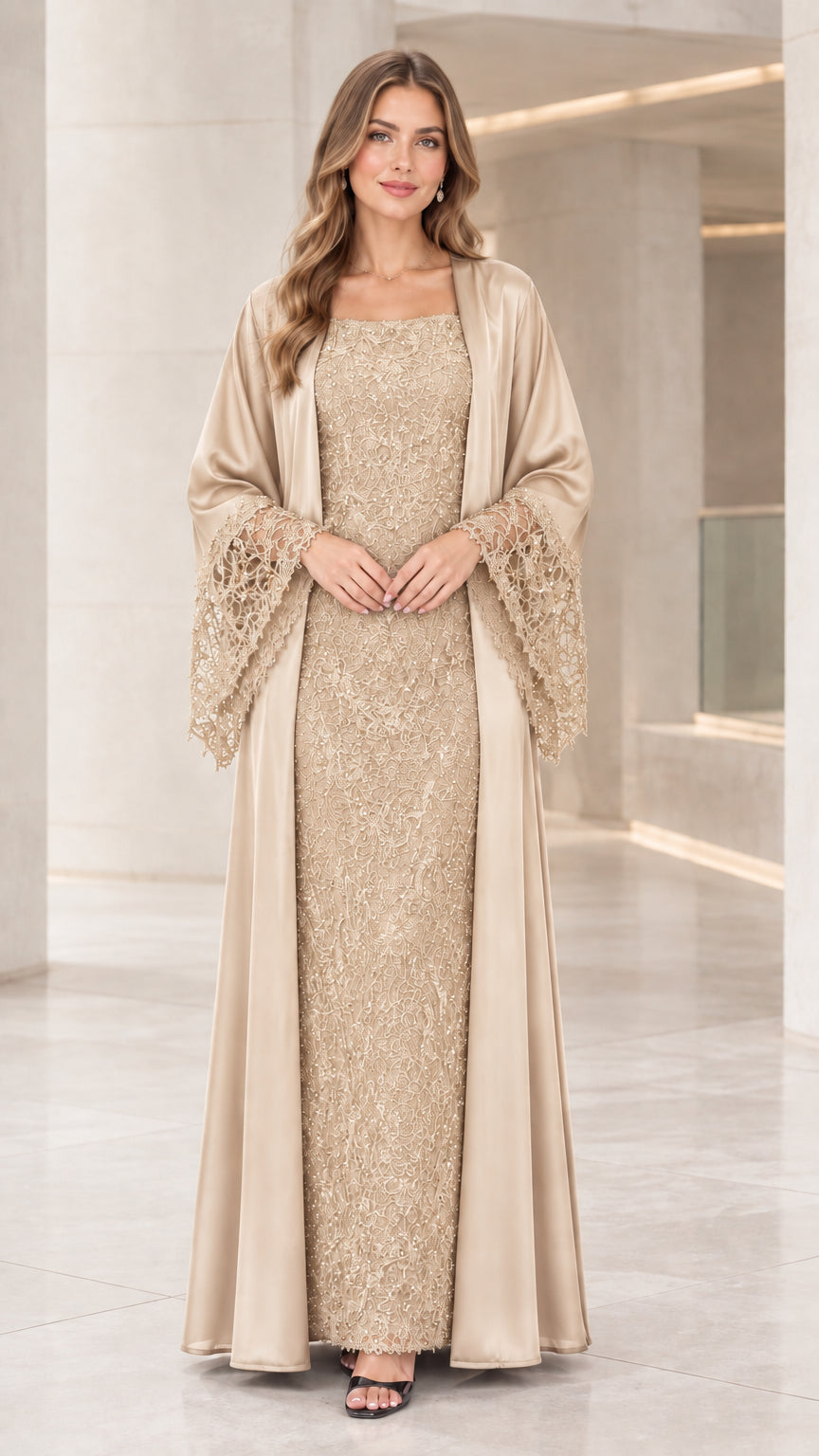 Champagne gold elegant 2-piece lace maxi dress and satin duster ensemble