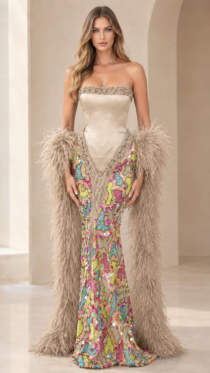 Champagne strapless corset sequin evening gown with champagne feather stole