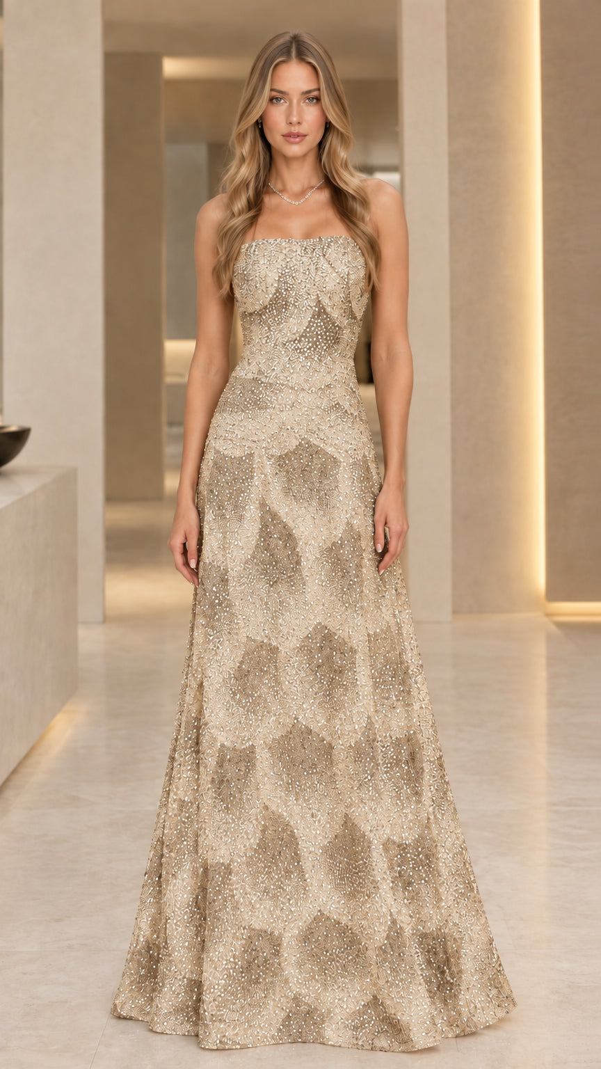 Champagne gold strapless shimmering evening gown