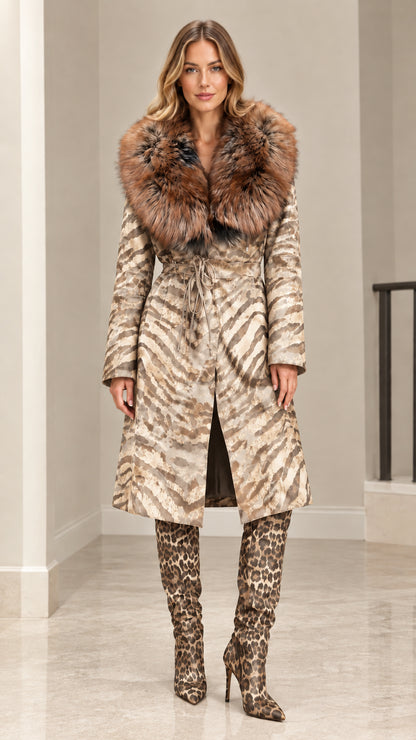 Model wearing Champagne Beige animal print belted long coat with faux fur collar