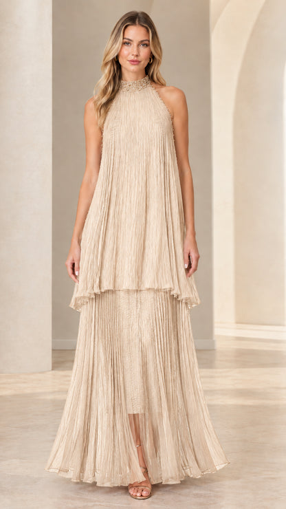 Champagne pleated tiered halter neck maxi dress