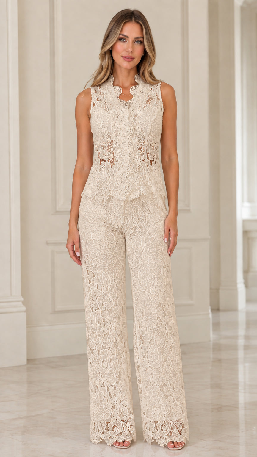 Champagne beige floral lace evening pantsuit set