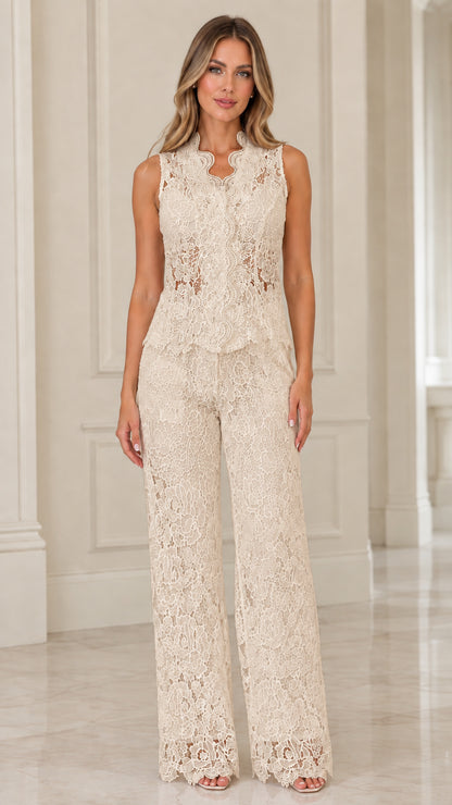 Champagne beige floral lace evening pantsuit set