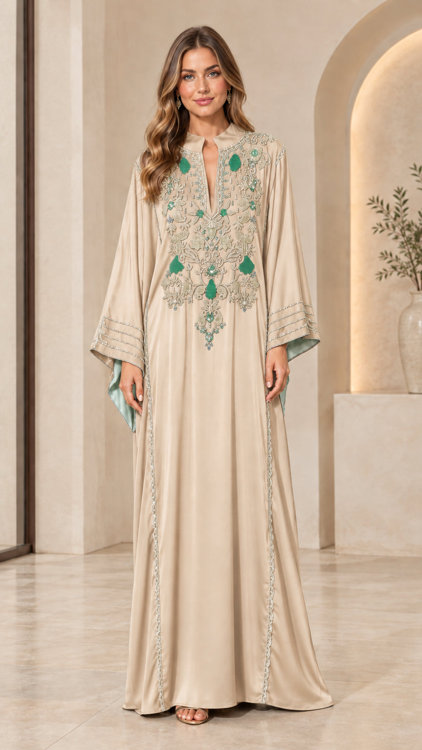 Full-length view of champagne beige embroidered maxi kaftan dress