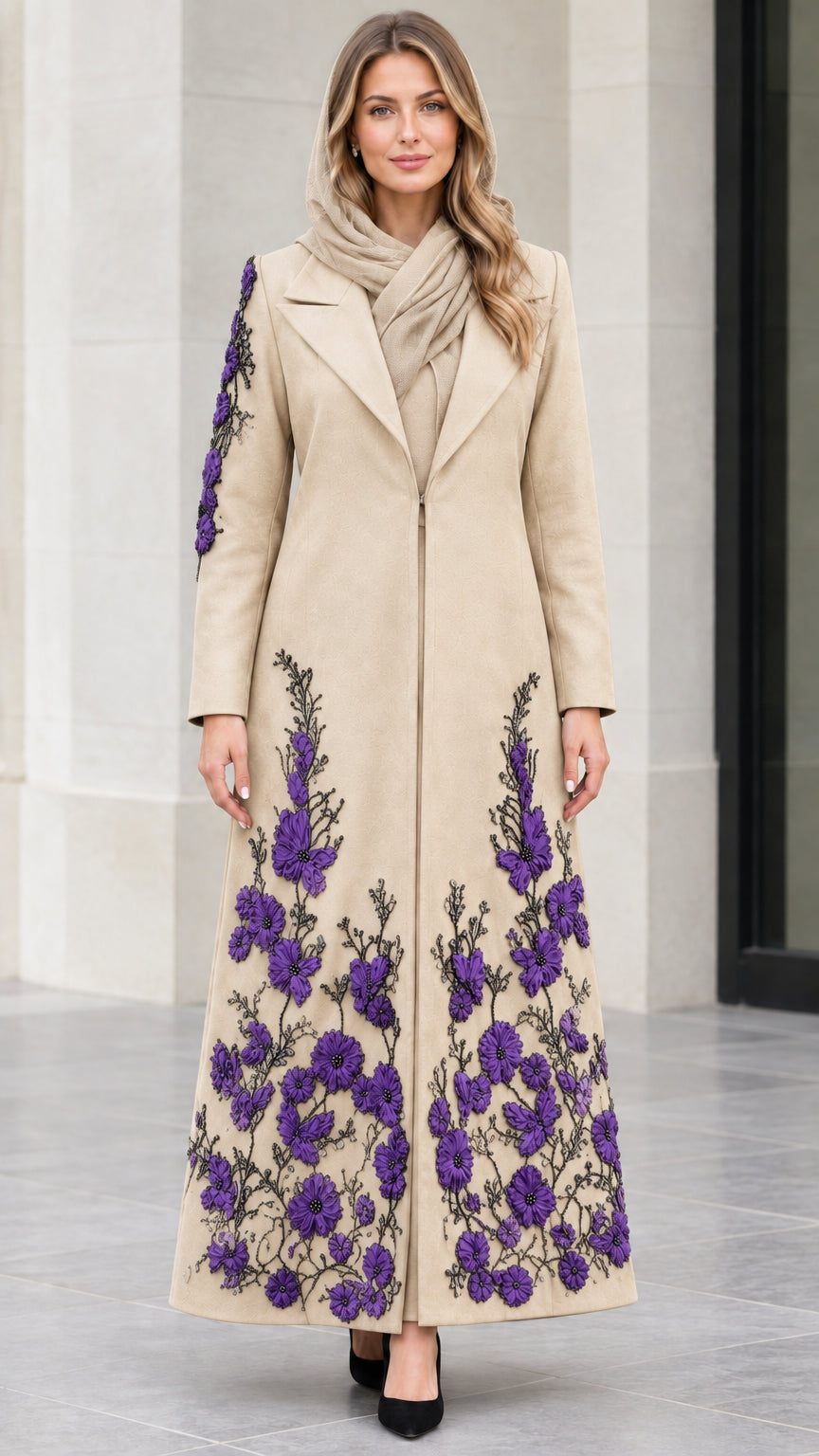 Beige tailored maxi coat with purple floral applique details