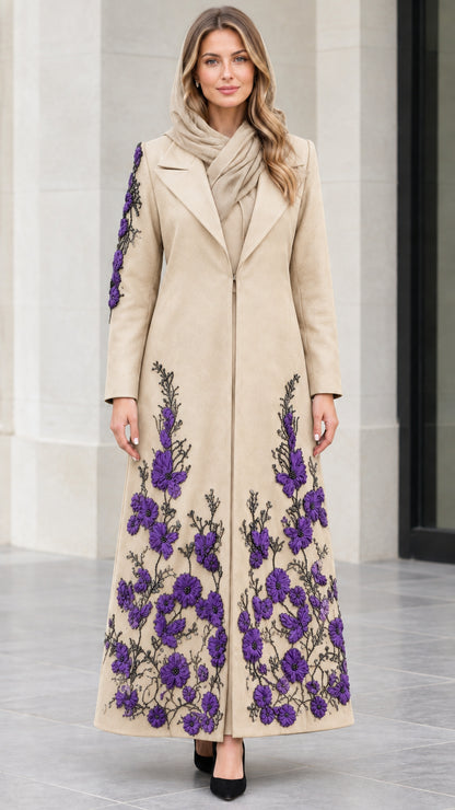 Beige tailored maxi coat with purple floral applique details