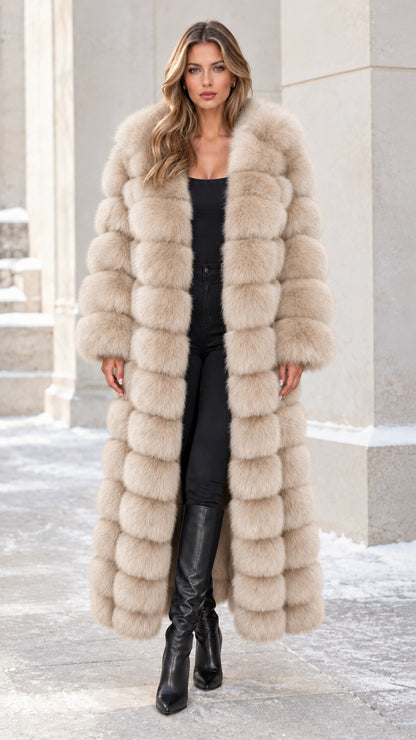 Model wearing beige champagne plush floor-length faux fur coat