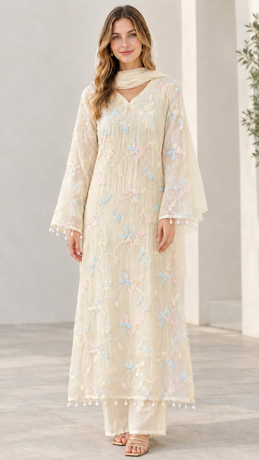 Model wearing cream embroidered 3-piece tunic suit set