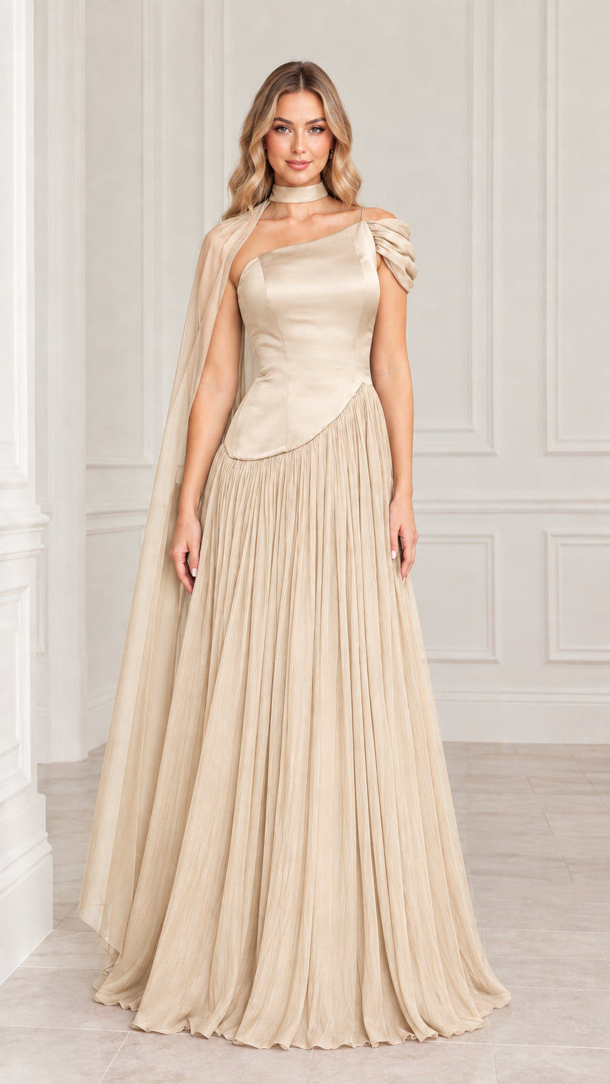 Champagne nude pleated maxi gown with satin bodice and cape