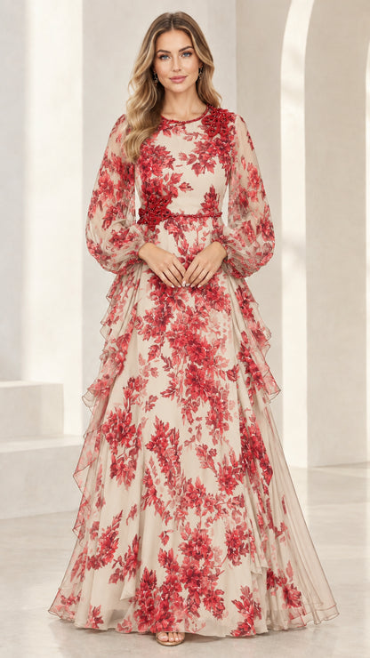 Champagne cream and red floral long sleeve evening gown