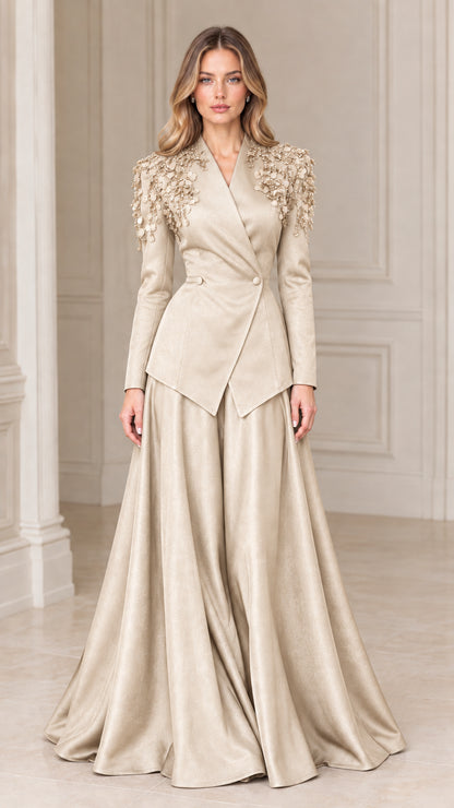 Champagne gold two-piece embellished formal blazer and floor-length evening skirt