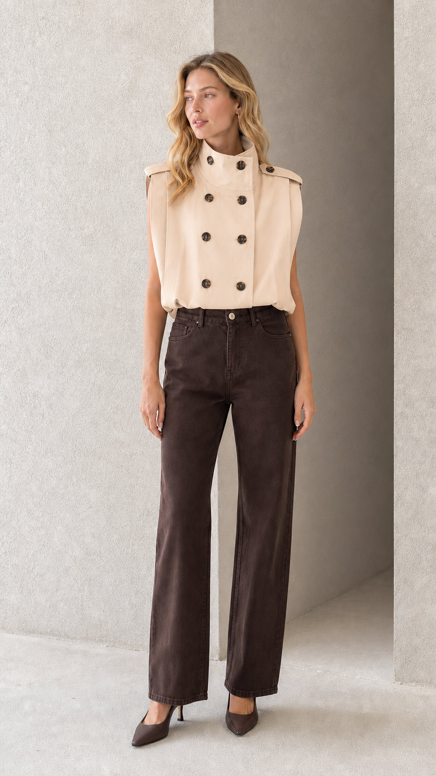 Model wearing cream beige sleeveless double-breasted military style top