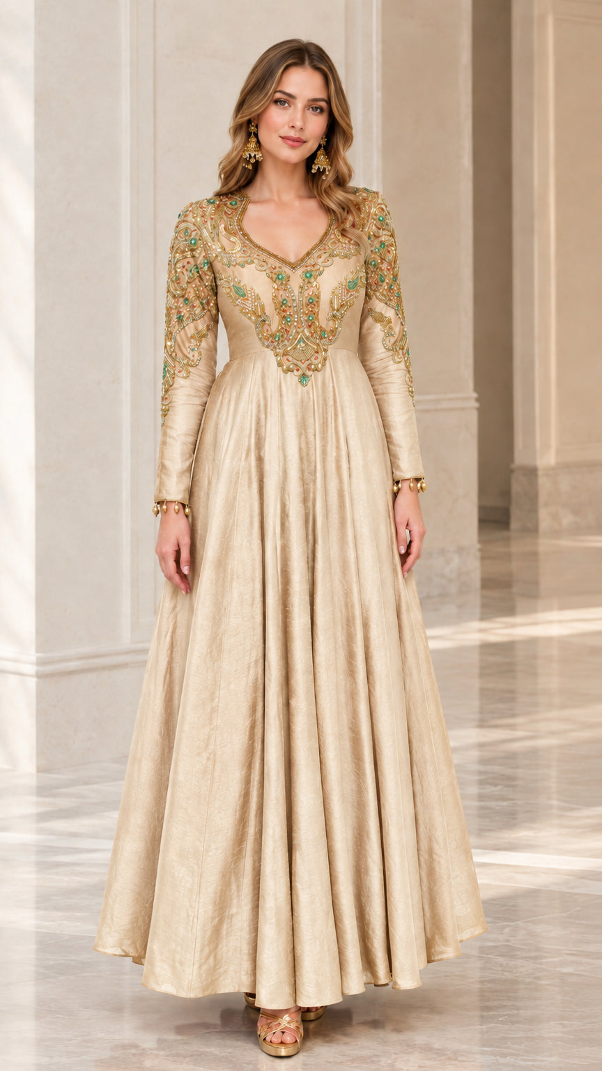 Full-length view of woman in a Champagne Gold embroidered long sleeve evening maxi dress
