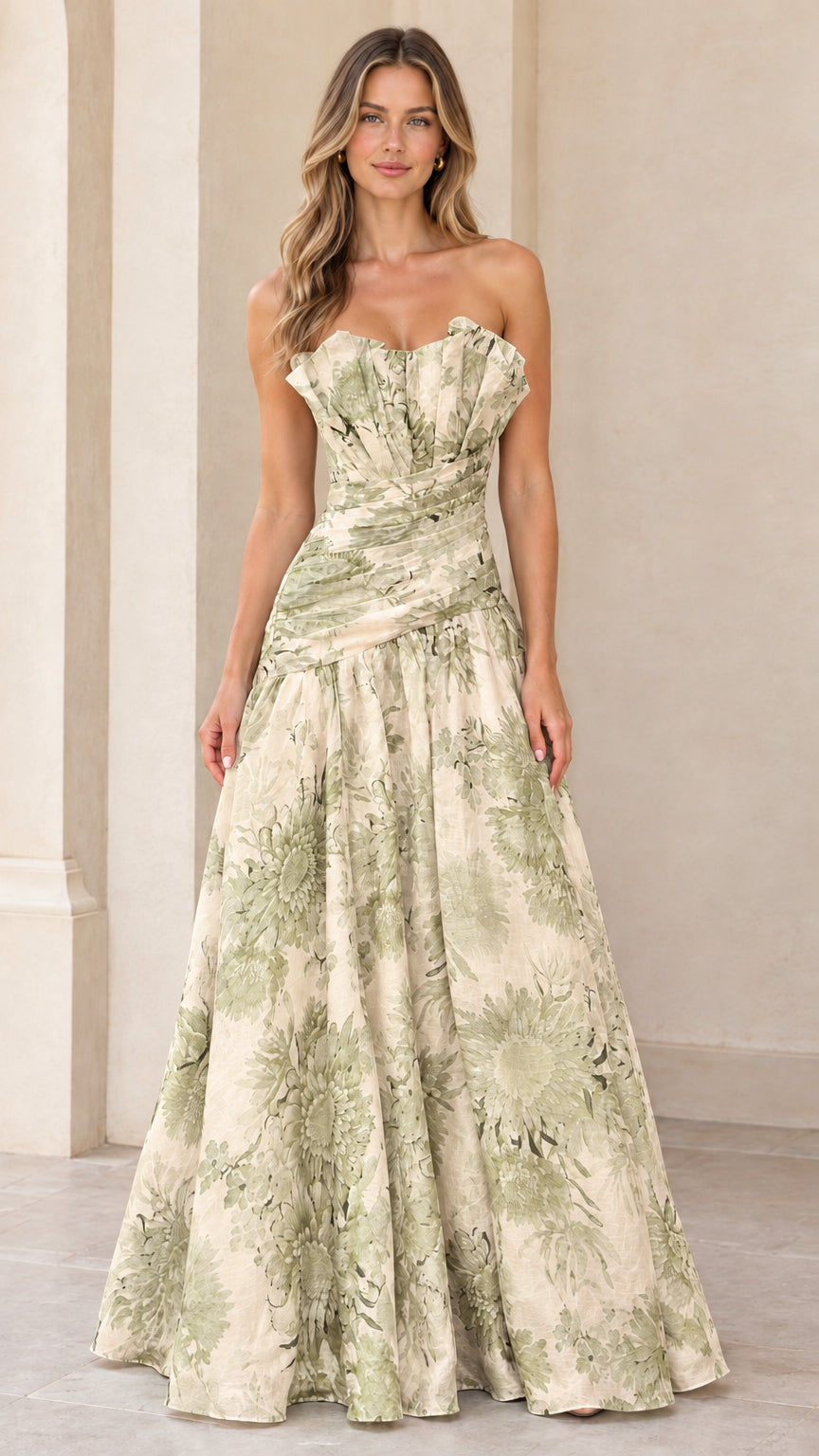 Full-length light sage floral strapless formal evening gown