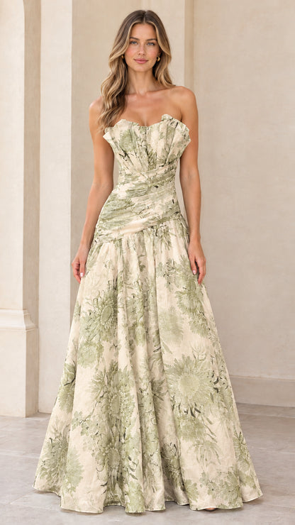 Full-length light sage floral strapless formal evening gown