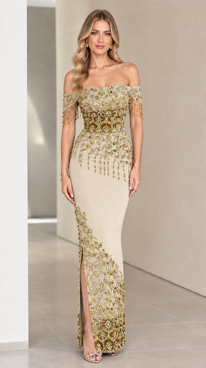 Champagne beige off-the-shoulder embellished formal evening maxi dress