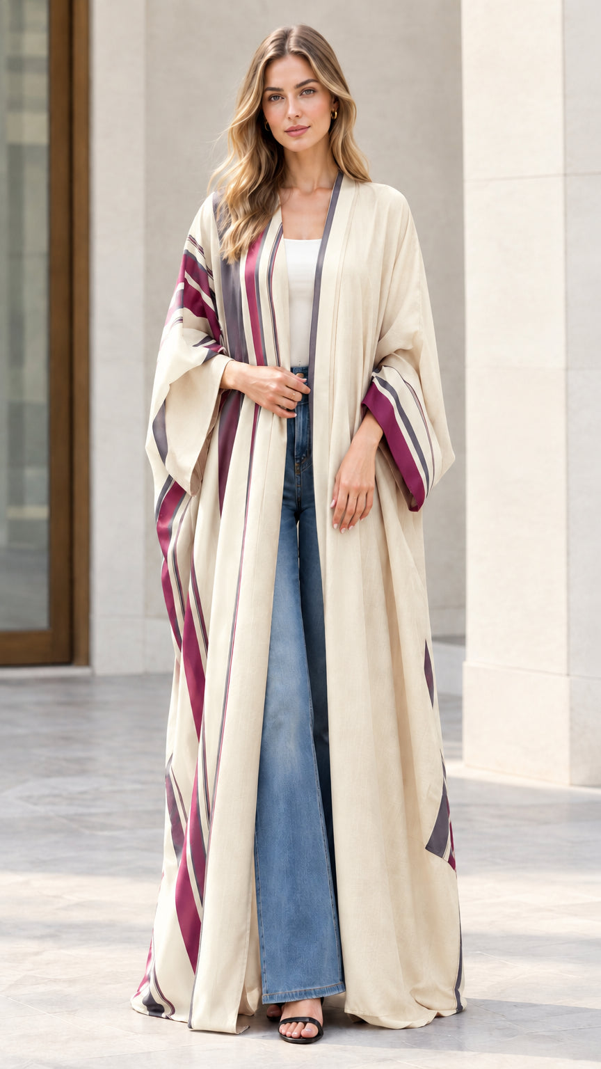 Full-length front view of woman wearing beige striped open front maxi kimono duster