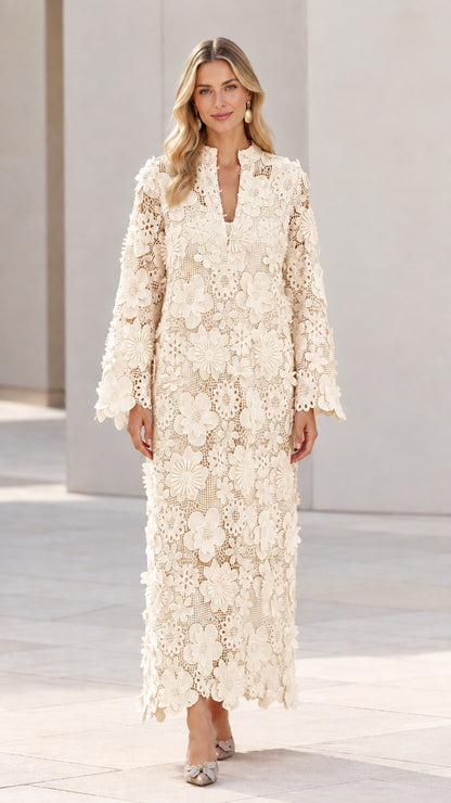 Full-length front view of woman wearing Cream ivory floral lace maxi dress