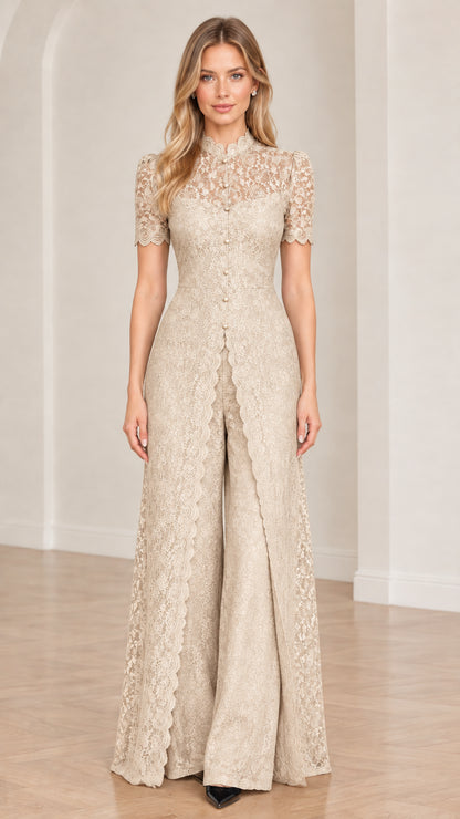 Champagne beige floral lace overlay wide-leg jumpsuit full-length front view