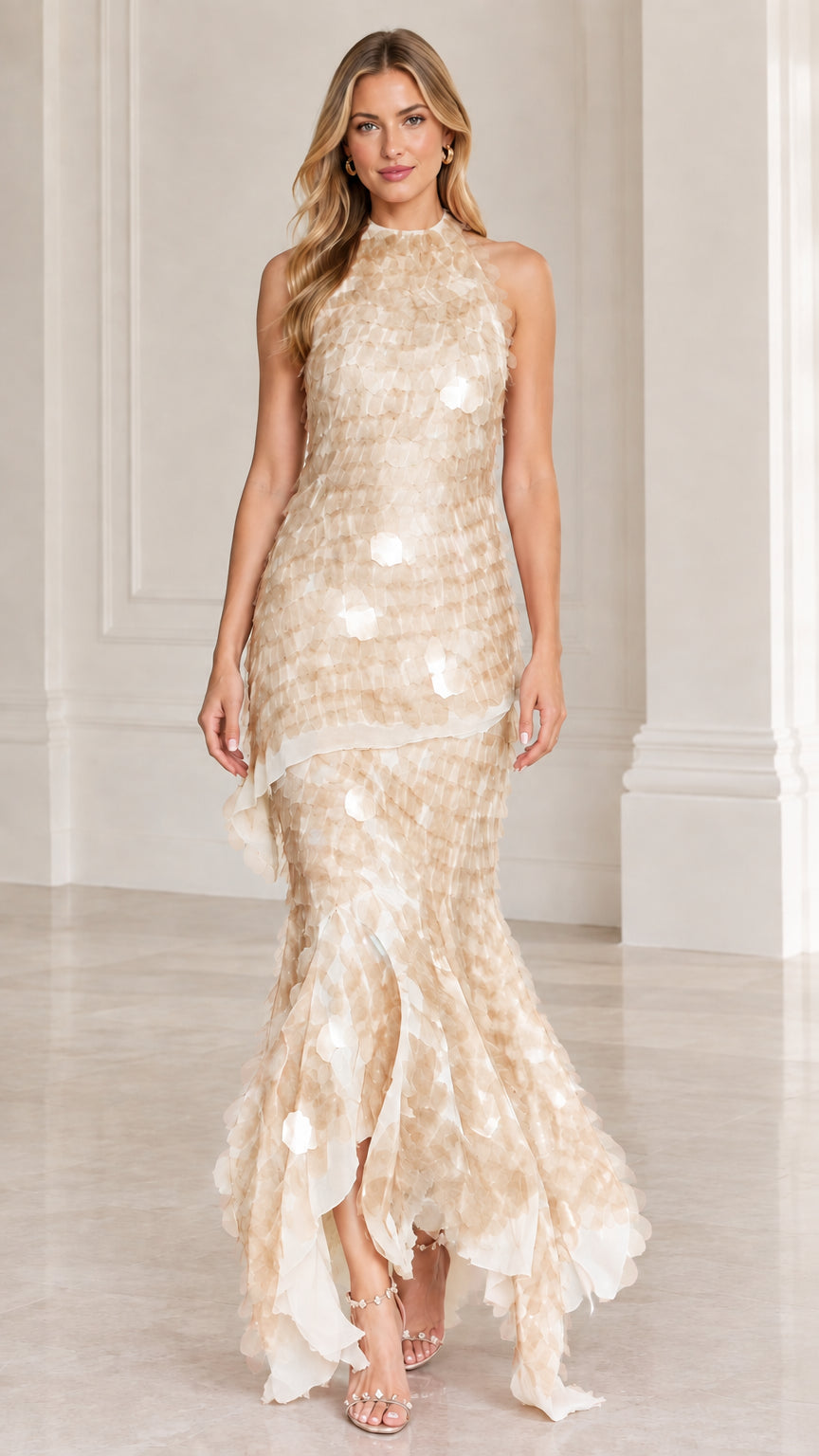 Model wearing champagne shimmer textured petal mermaid maxi dress