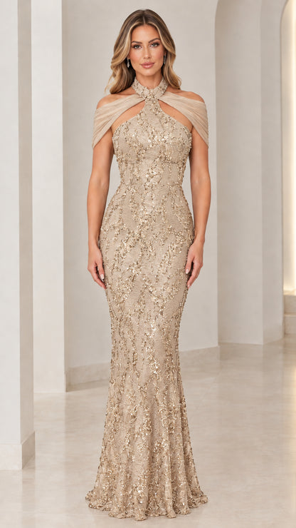 Champagne gold sequin embellished halter mermaid formal evening dress
