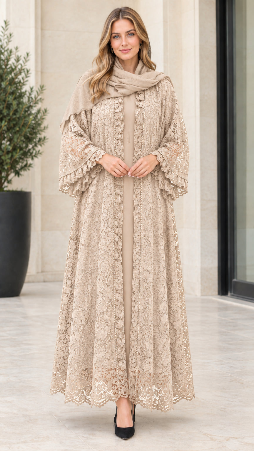 Full-length front view of champagne beige floral lace maxi abaya