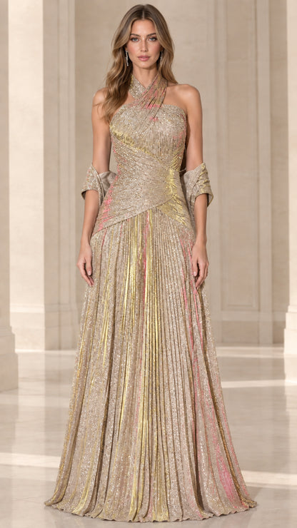 Champagne gold metallic pleated cross halter evening gown with matching shawl