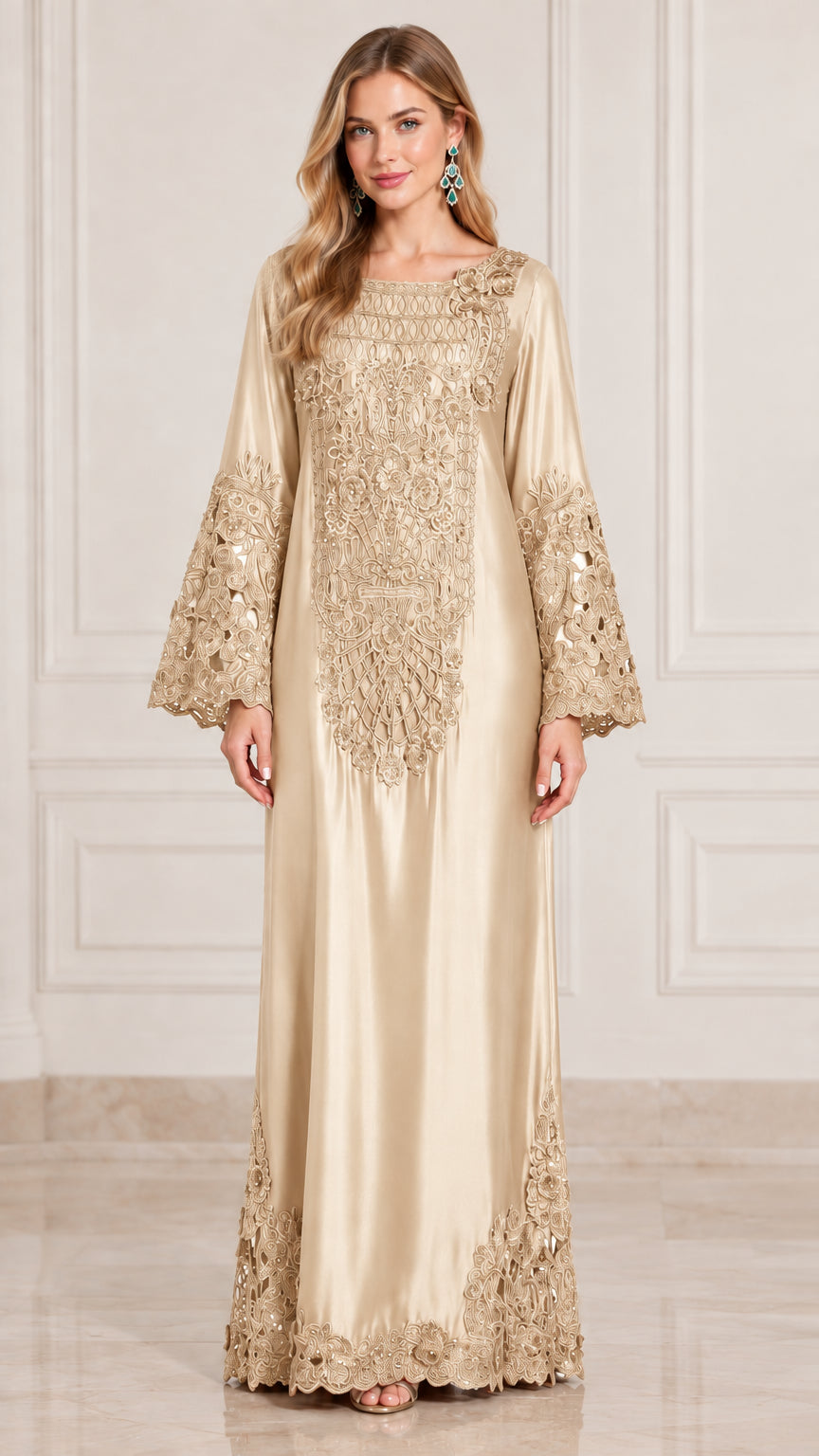 Front view of model wearing champagne gold embroidered satin bell sleeve maxi dress