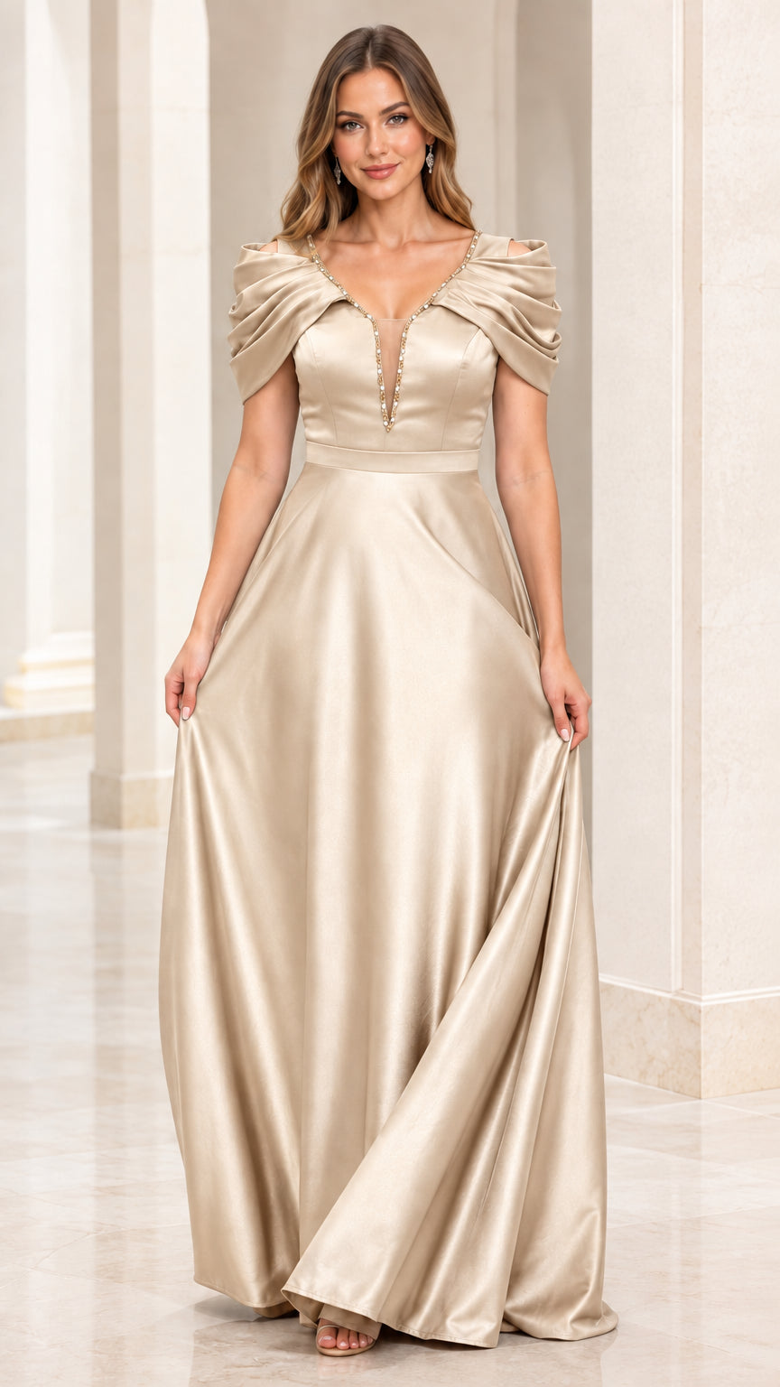 Front view of model wearing Champagne formal satin A-line maxi gown