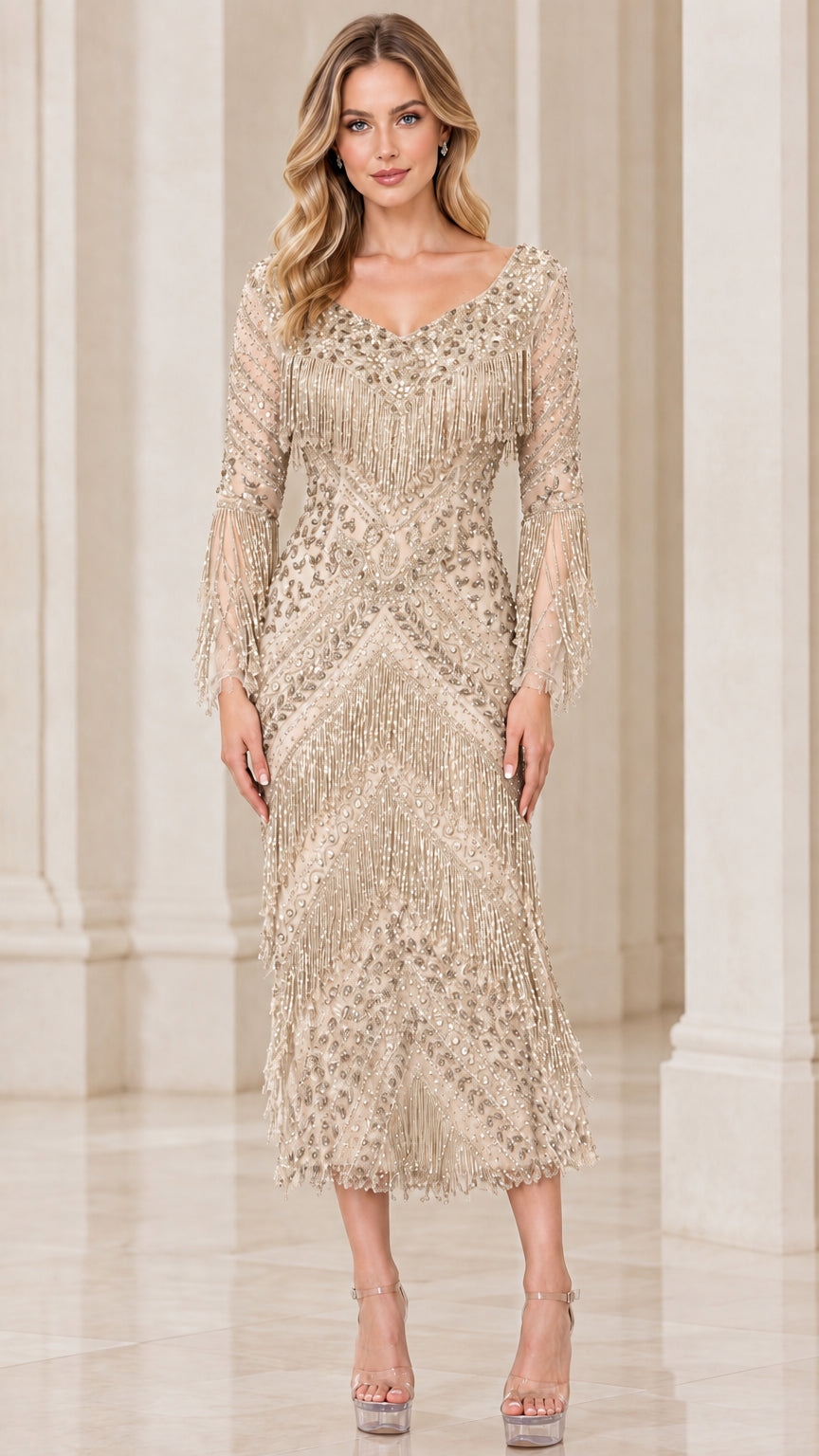 Champagne gold embellished fringe midi dress for formal occasions