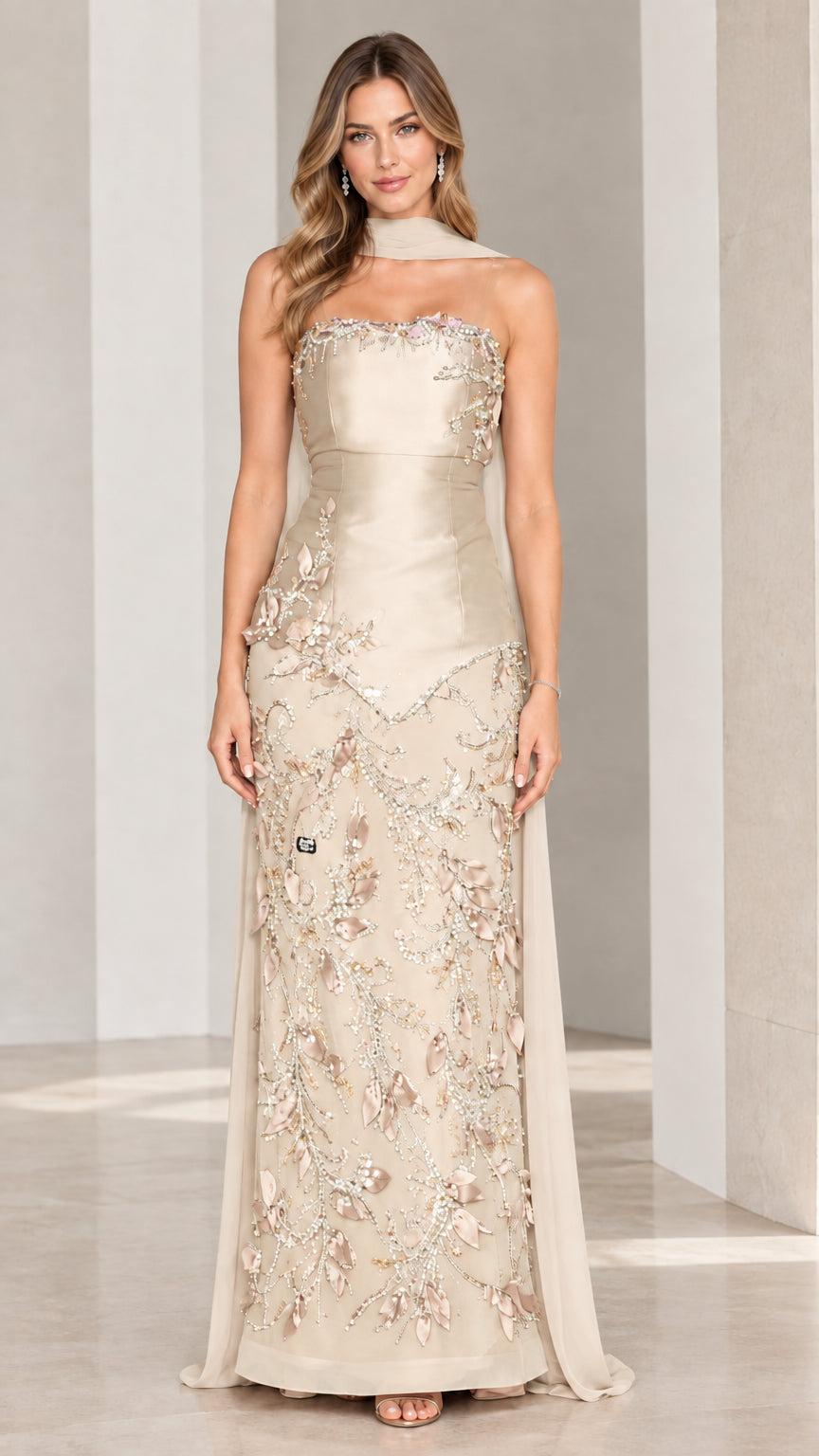 Champagne gold strapless floor-length embroidered gala dress