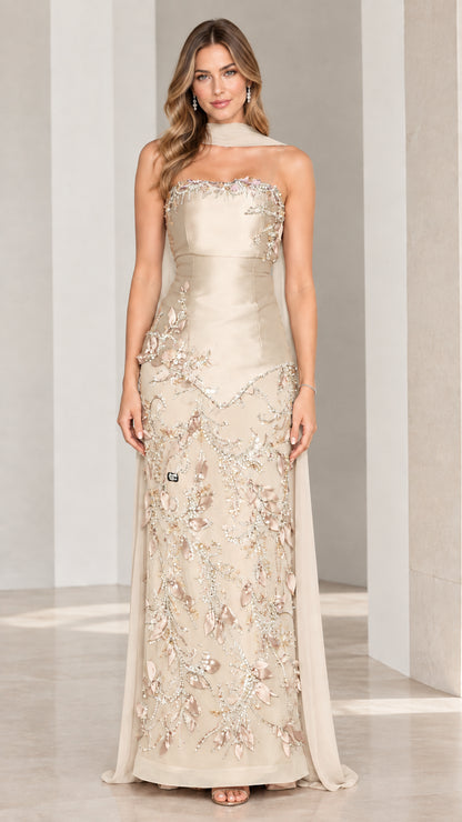 Champagne gold strapless floor-length embroidered gala dress