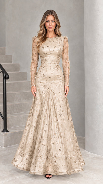 Champagne beige floral embroidered long sleeve maxi evening dress