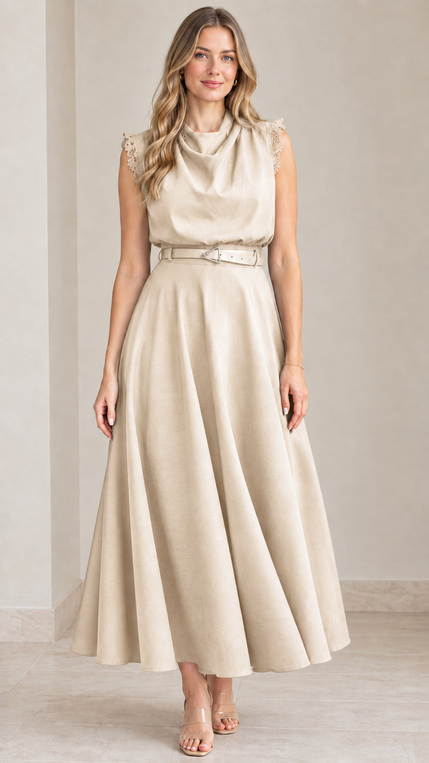 Front view of beige champagne sleeveless cowl neck midi dress