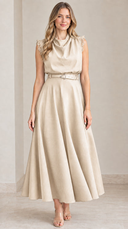 Front view of beige champagne sleeveless cowl neck midi dress