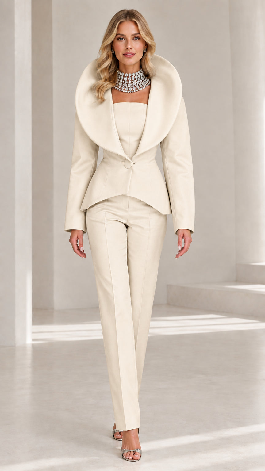 Front view of model wearing chic Cream off-white tailored shawl collar pant suit