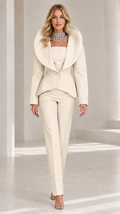 Front view of model wearing chic Cream off-white tailored shawl collar pant suit