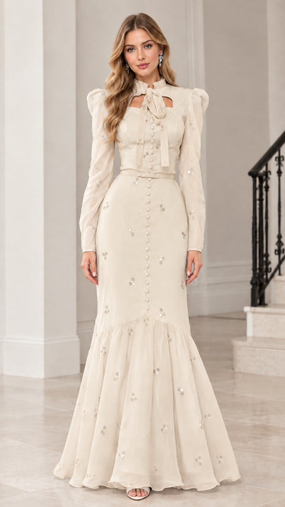 Champagne ivory long sleeve floral sequin mermaid evening gown