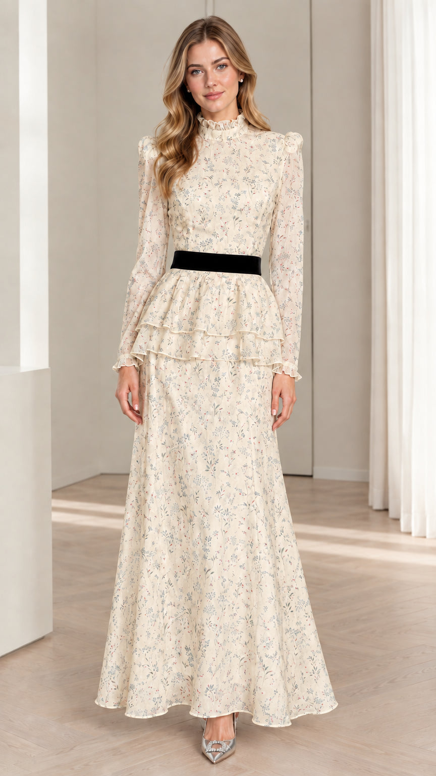 Model wearing champagne cream floral tiered peplum evening gown