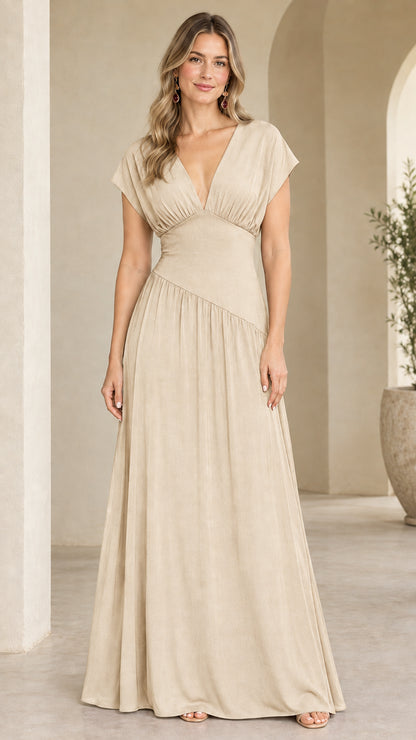 Model wearing champagne beige pleated V-neck formal maxi dress