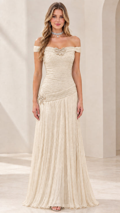 Full-length view of champagne off-the-shoulder pleated formal gown