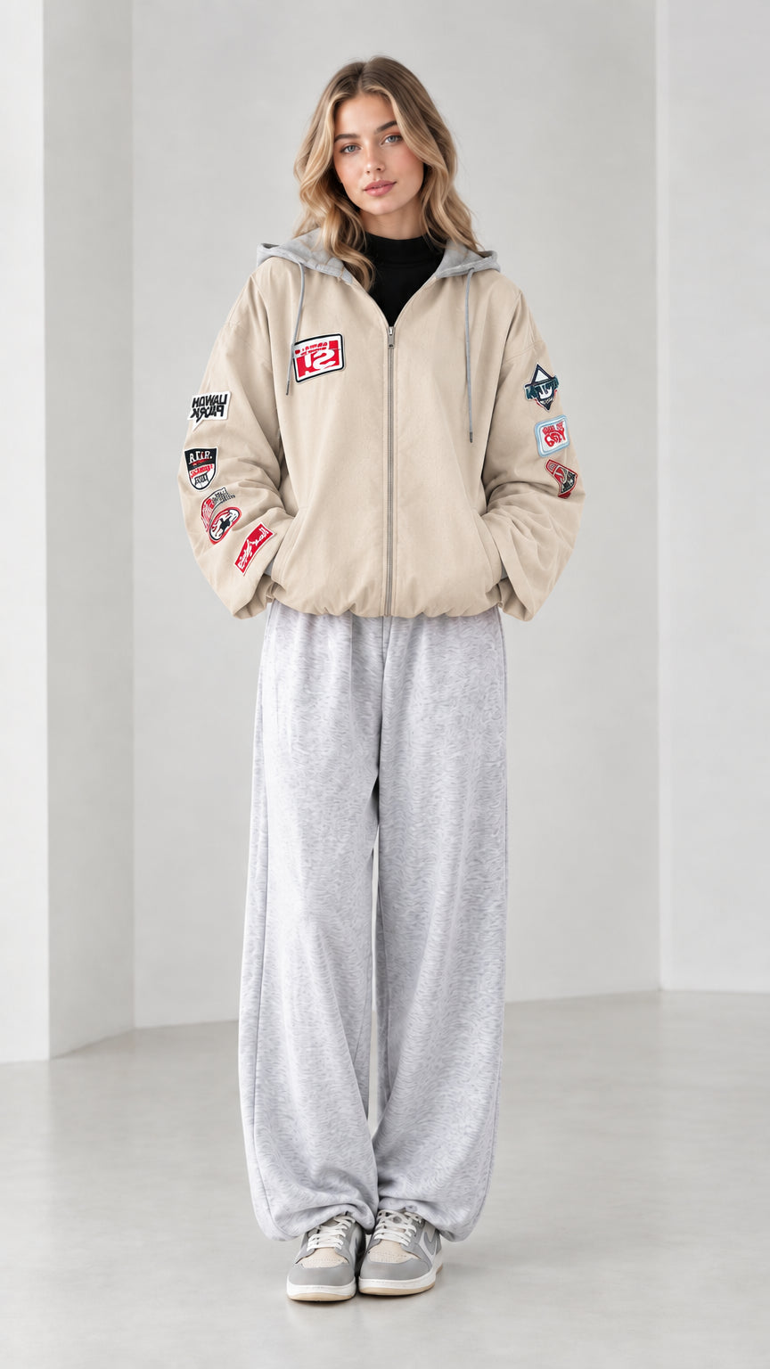 Front full view of beige cream zip-up hooded bomber jacket with sleeve patches