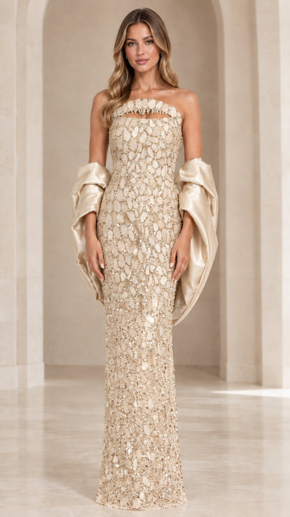 Champagne gold strapless beaded evening gown with matching satin drapes