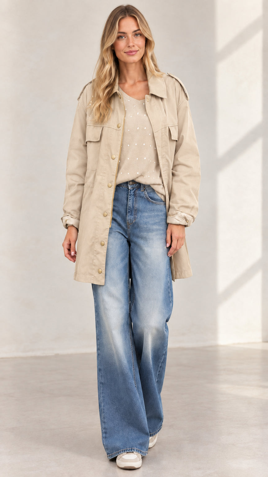 Full front view of women's khaki beige lightweight utility coat