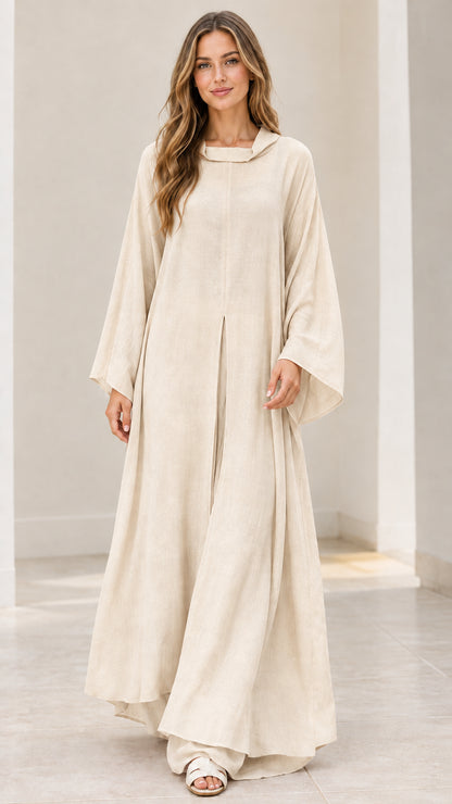 Front full view of model wearing cream beige elegant maxi kaftan dress