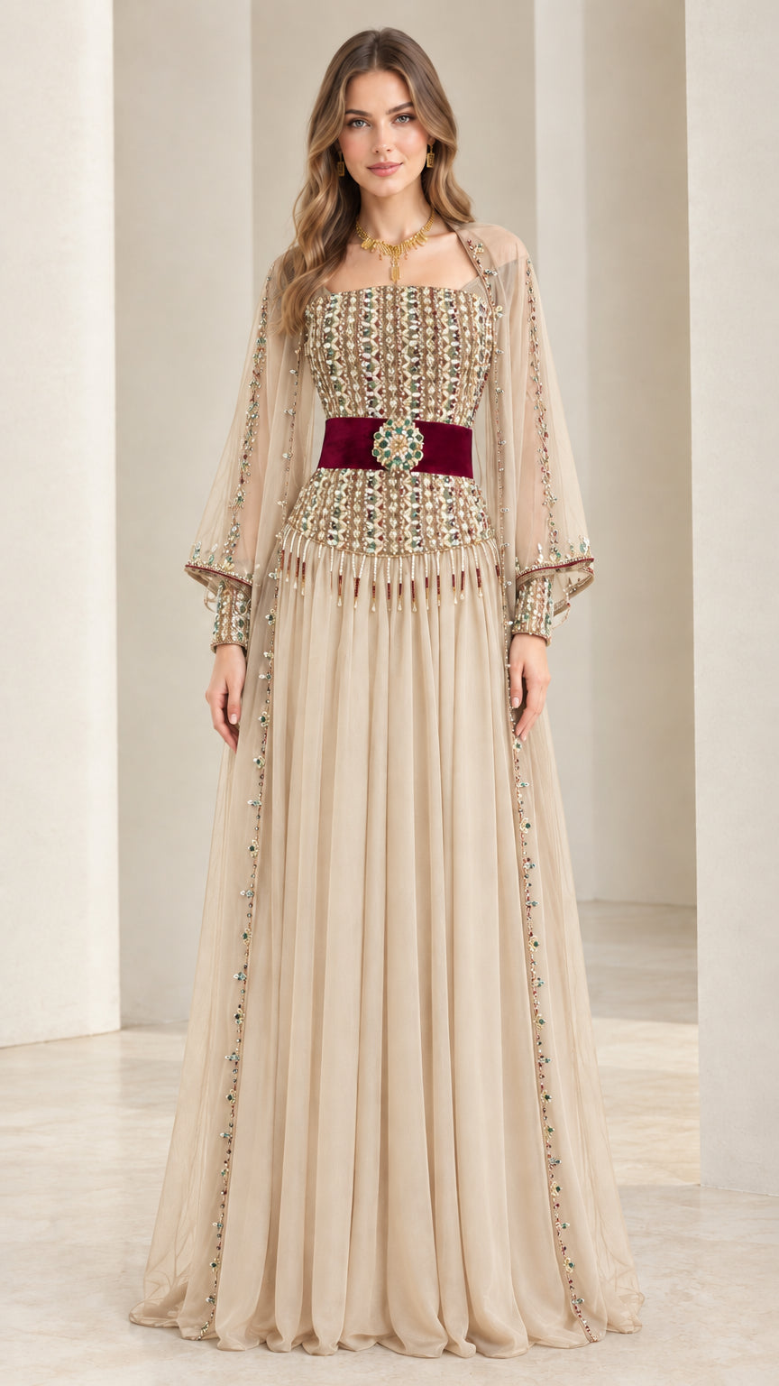 Champagne beige embellished cape sleeve floor-length gown