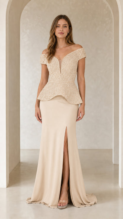 Model wearing champagne beige off-the-shoulder beaded formal gown