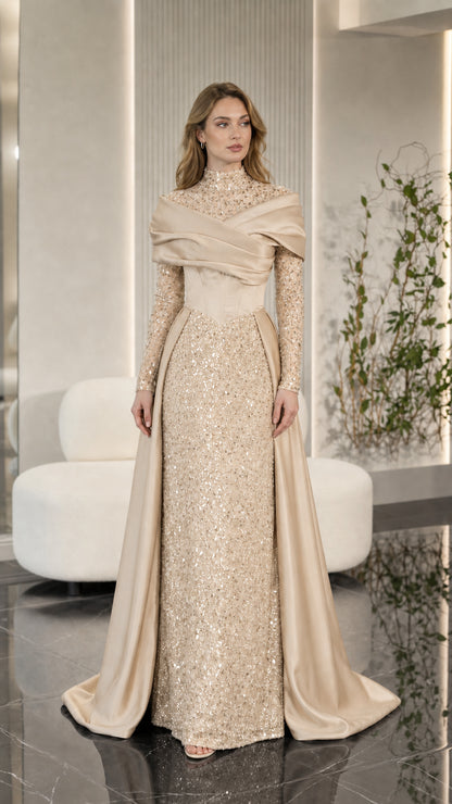 Champagne gold high neck sequin formal gown with draped satin train